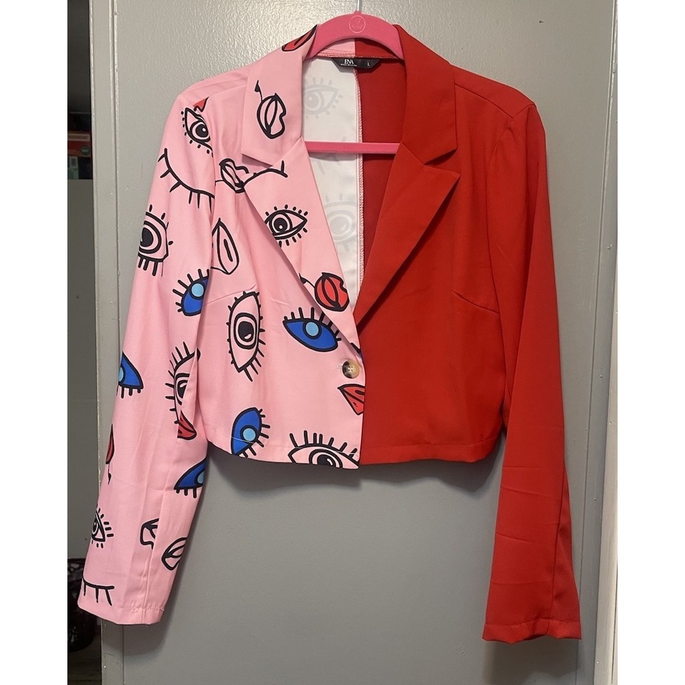 ENA 2 Tone Cropped Blazer Women's Size Large Pink/Red Fun Stylish